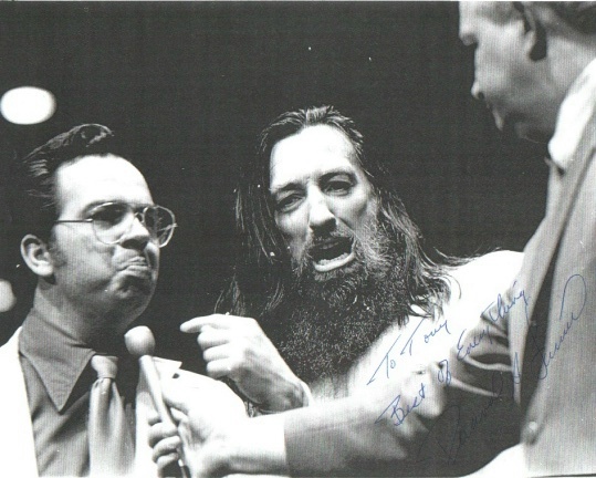 Percival A. Friend (left) Black Angus Campbell (Center) Bill Kersten (holding Microphone).